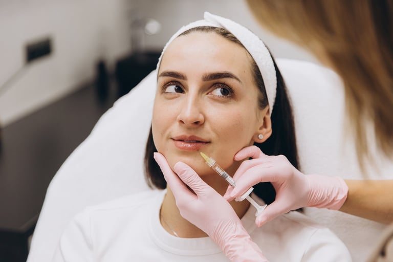 Cosmetologist performing a botox injection on a woman's face in a clinic, enhancing beauty and promoting youthful aesthetics