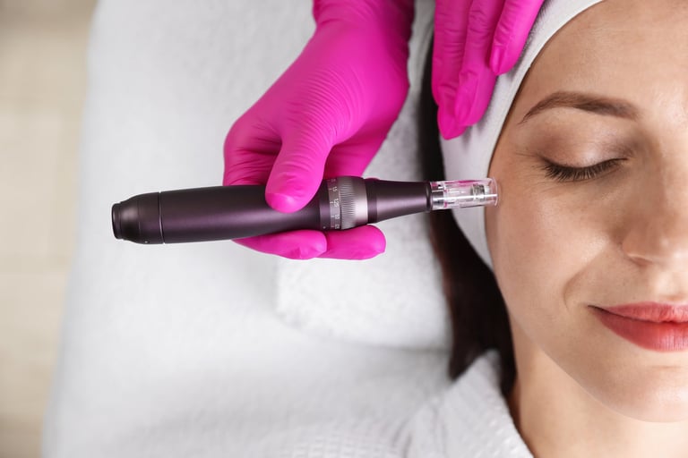 Woman undergoing microneedling procedure in beauty salon, top view