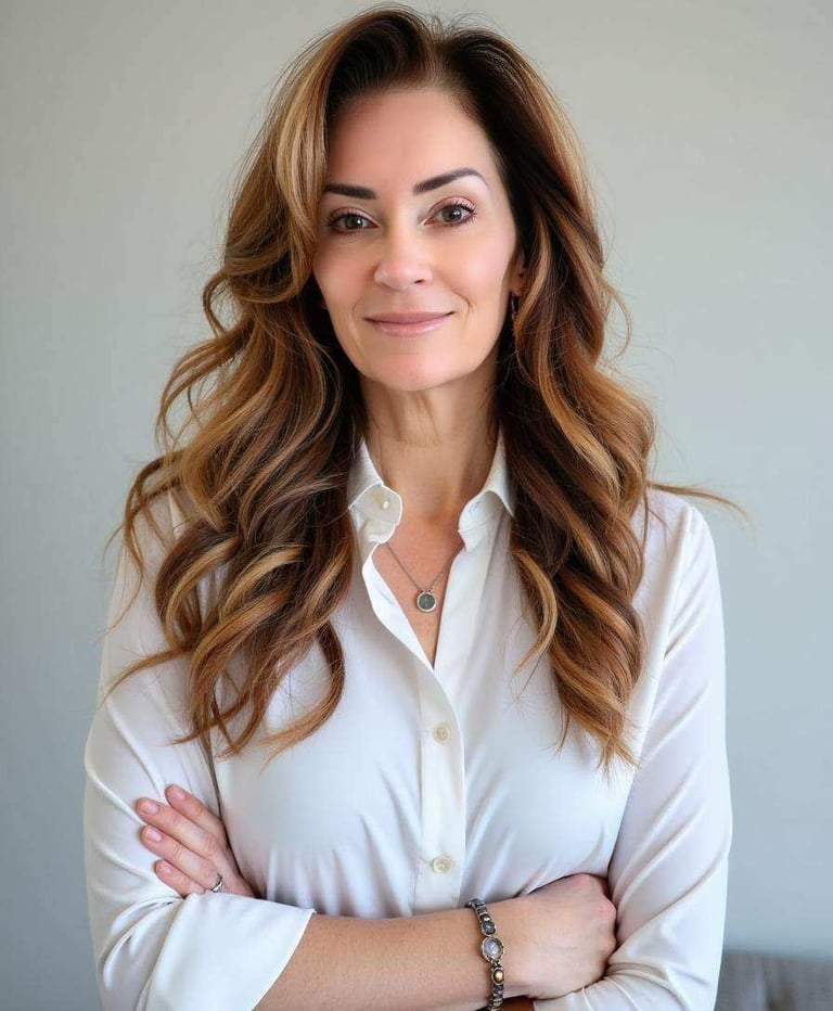 Portrait of a woman with long wavy brown hair wearing a white button-up shirt against a neutral gray background.