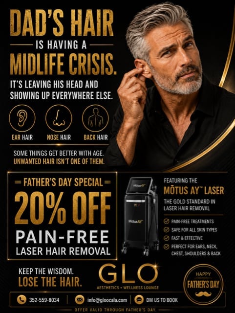 Fathers Day promotional poster for laser hair removal featuring middle-aged man with grey hair and 20% discount offer for pain-free treatment