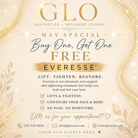 GLO Aesthetics and Wellness Lounge May special promotion for Everesse treatment offering buy one get one free skin tightening service