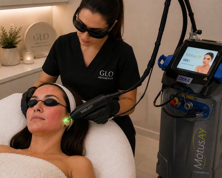 Aesthetic practitioner performing laser facial treatment on client wearing protective eyewear in professional spa setting
