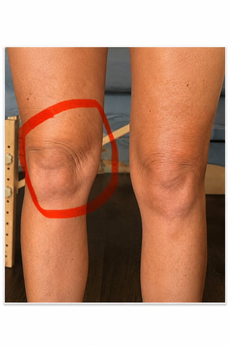 Two legs with a red circle drawn around the left knee highlighting a swollen area