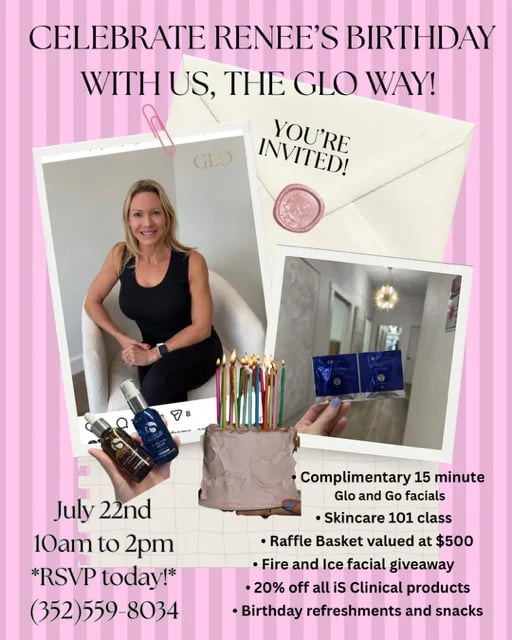 Birthday celebration invitation for Renee featuring GLO products, event details for July 22nd, 10am-2pm, and offers including skincare class and raffle basket