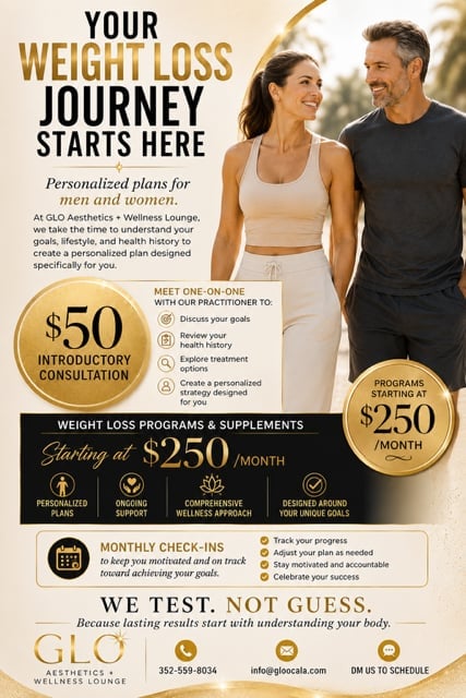 Weight loss program advertisement showing a fit couple with pricing for consultations and personalized programs at GLO Aesthetics