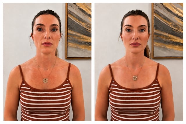 Before and after portrait comparison of a woman wearing a burgundy and white striped tank top against a neutral background with artwork