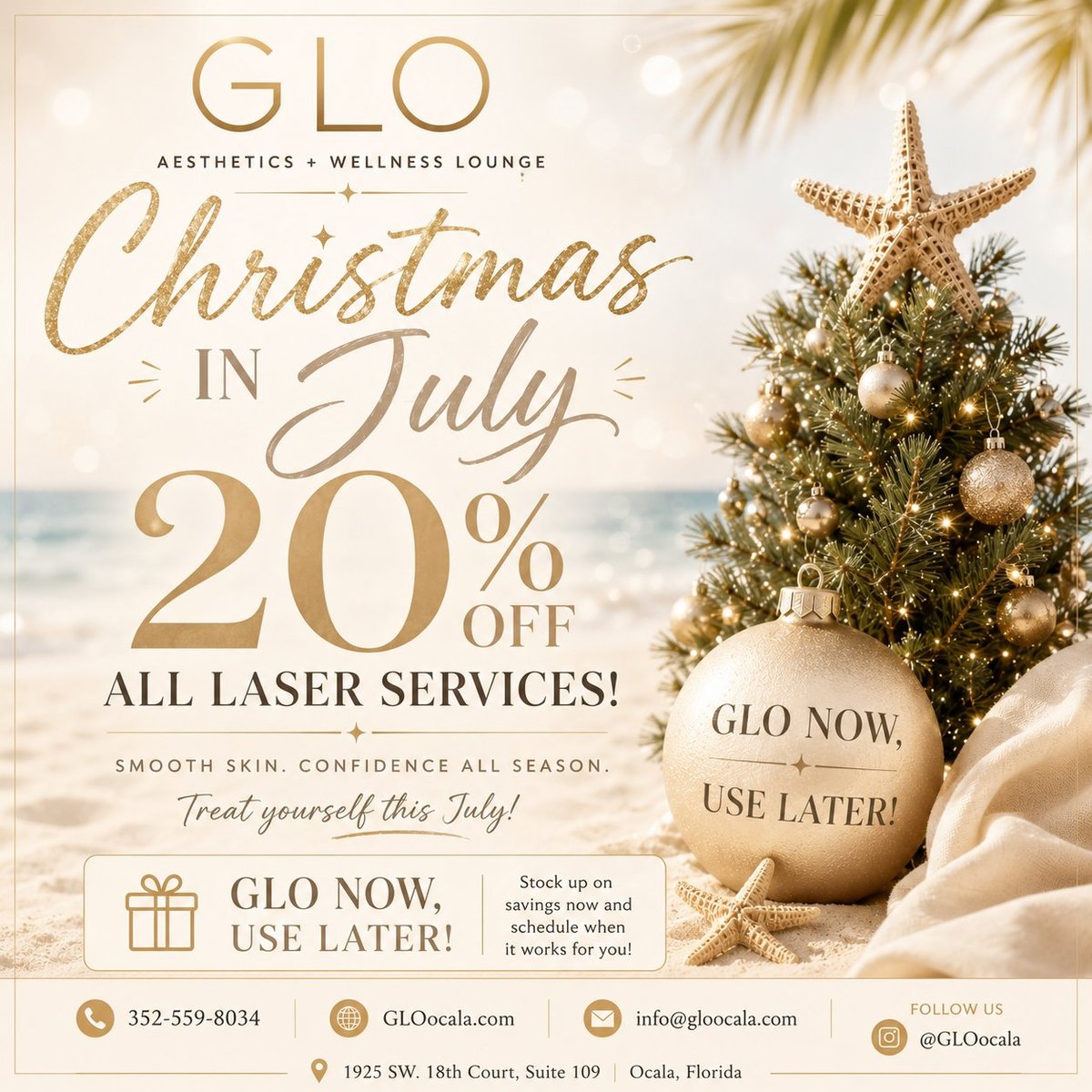 GLO Aesthetics and Wellness Lounge Christmas in July promotion offering 20% off all laser services with tropical beach theme
