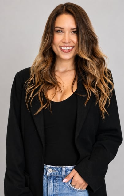 Professional headshot of a smiling woman with long wavy brunette hair wearing a black blazer and blue jeans against a gray background