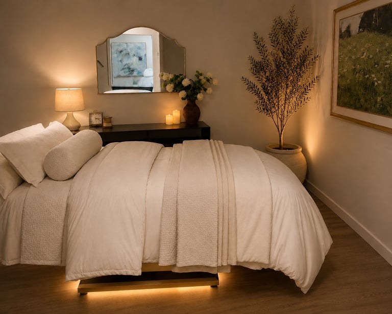 A cozy bedroom with white bedding, illuminated headboard, warm accent lighting, nightstands with lamps, framed artwork, and dried flowers in a vase