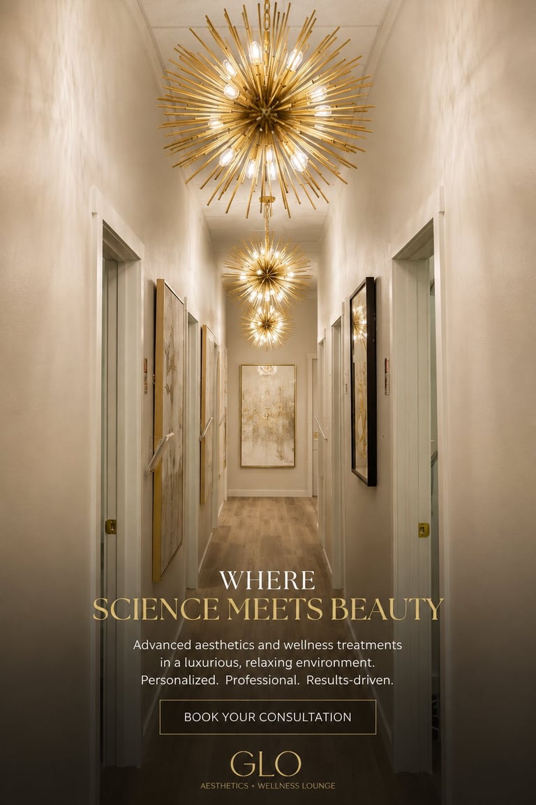 Luxury aesthetic clinic hallway with gold starburst ceiling lights and modern décor, featuring GLO branding and consultation booking message