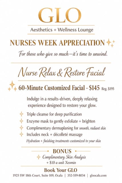 GLO Aesthetics Nurses Week Appreciation promotional flyer for 60-minute Relax and Restore Facial at $145 including skincare treatments and bonus analysis